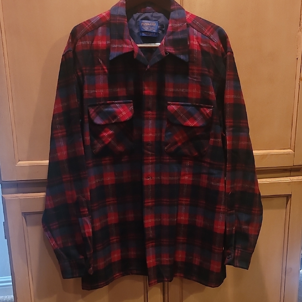 Pendleton Red Black Plaid 100% Virgin Wool Button Front Shirt USA Made, XL Long